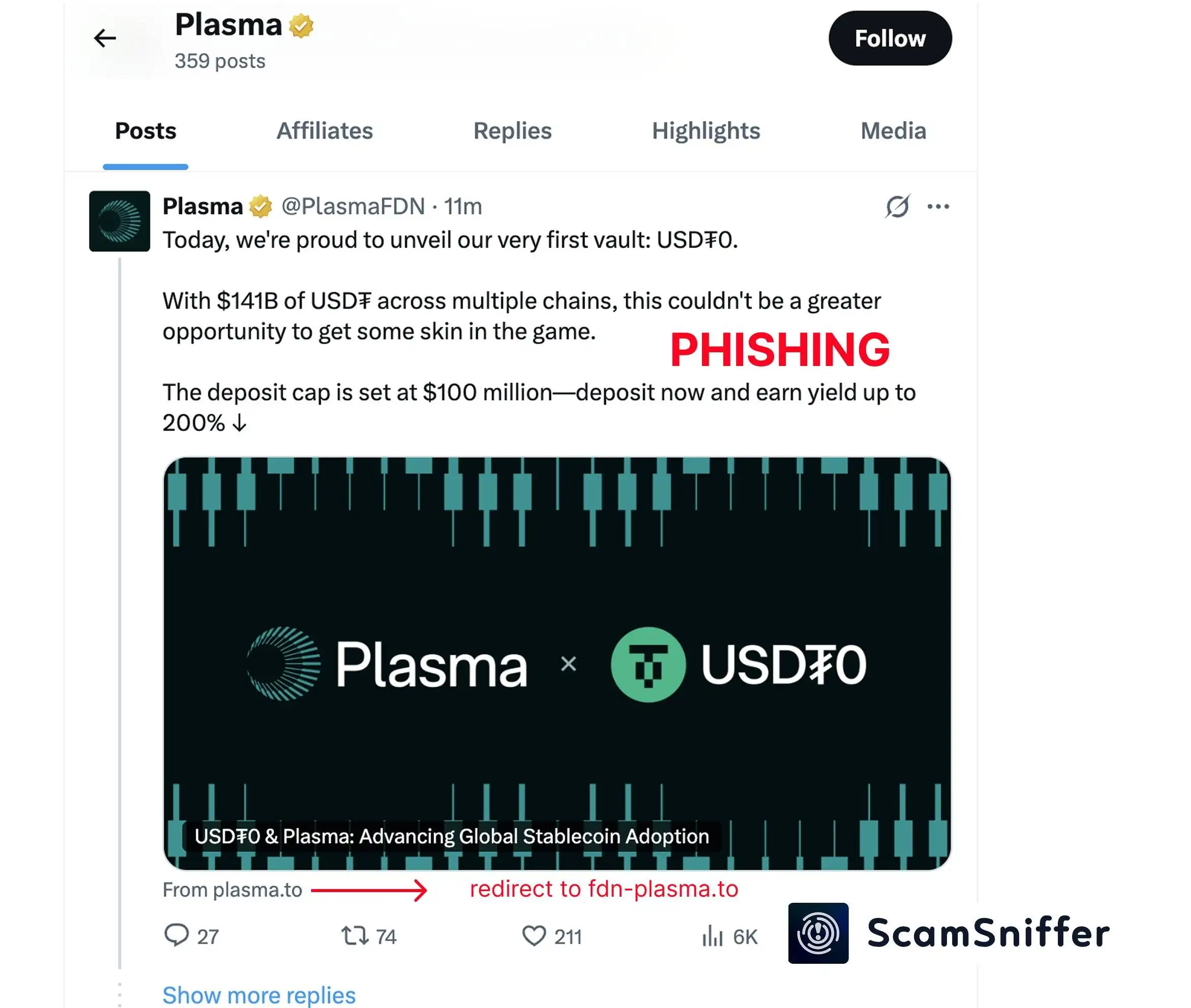 Plasma X官方账号遭受入侵发布钓鱼推文
