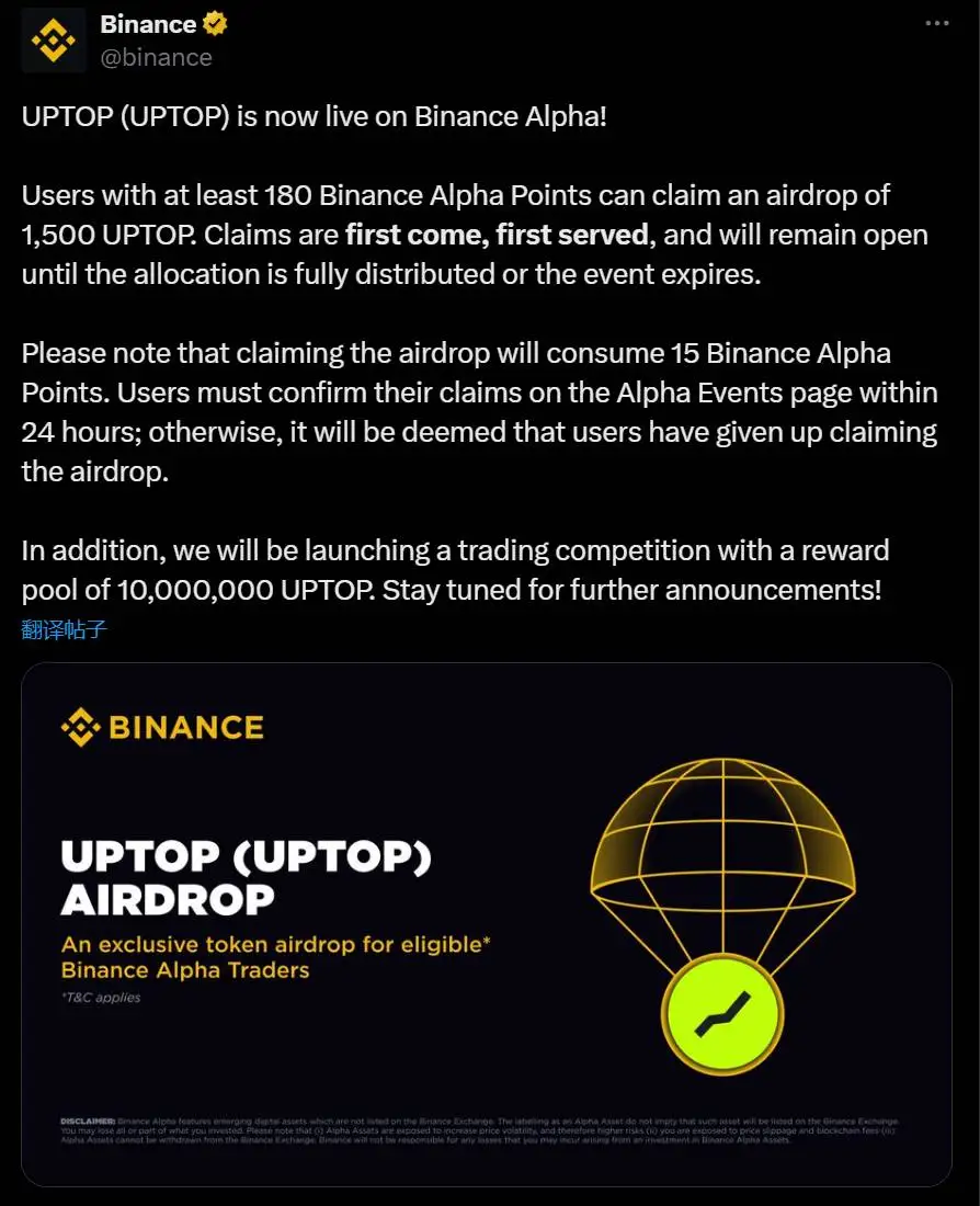 币安Alpha上线UPTOP并启动空投，180积分用户可申领1,500枚代币