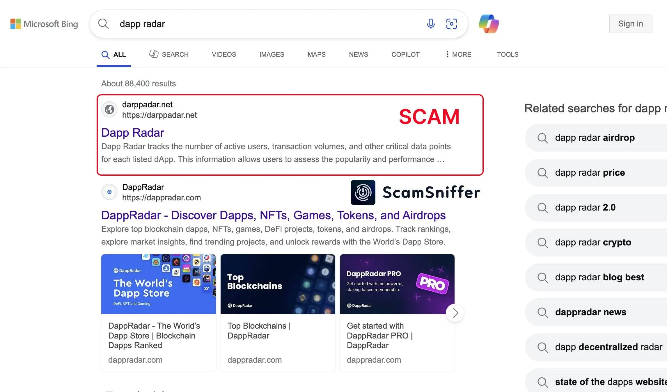 Scam Sniffer警示必应搜索DappRadar结果首现钓鱼网站