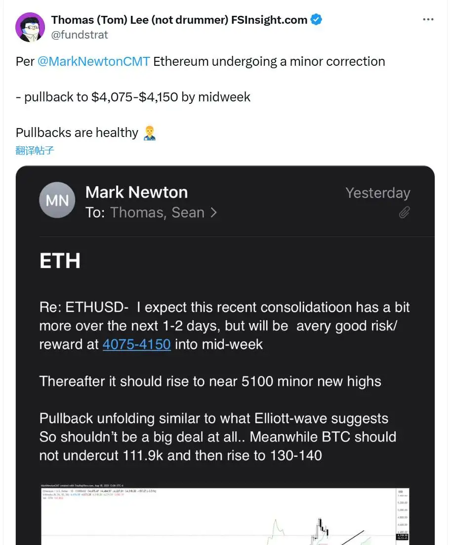 BitMine主席Tom Lee：以太坊价格小幅回调至4075-4150美元区间