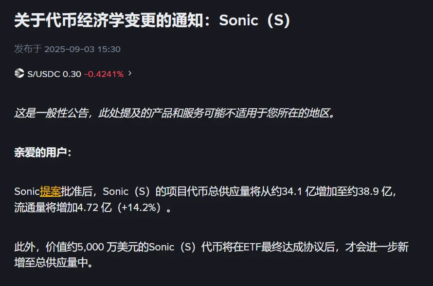 Binance宣布Sonic代币供应量调整及5000万美元ETF协议达成