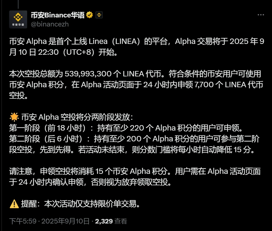 币安Alpha上线Linea并启动空投活动