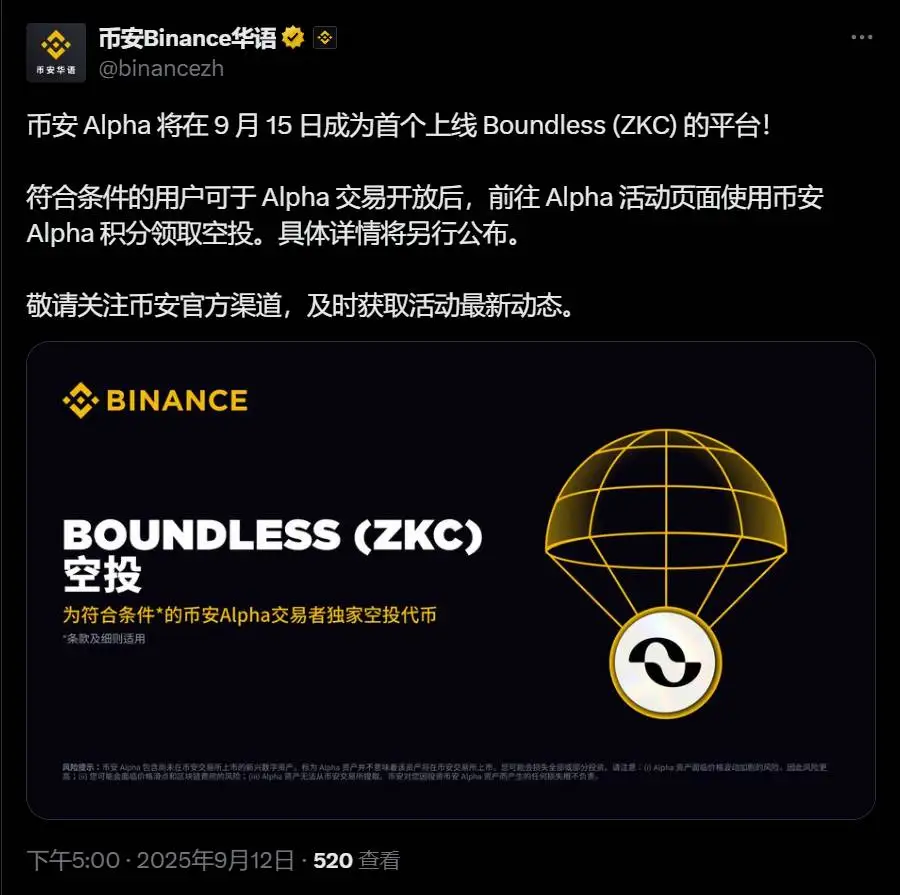 币安Alpha宣布Boundless (ZKC)将于9月15日上线，空投活动即将开启